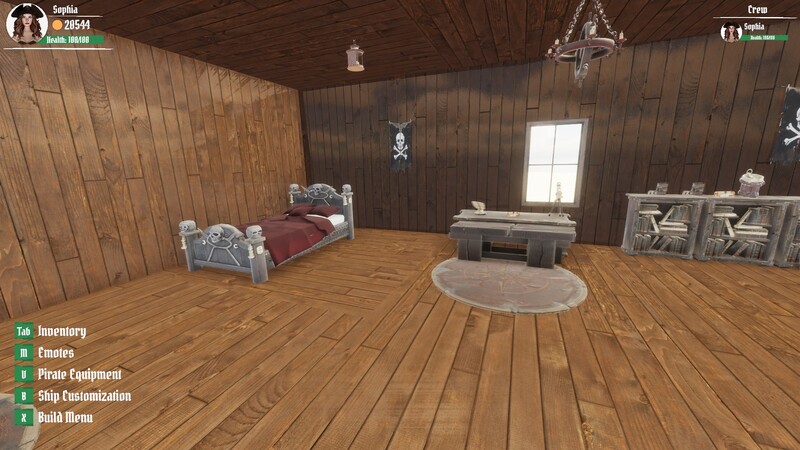 A furnished wooden pirate home with a bed, desk, and bookshelves