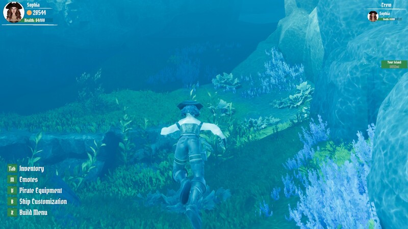 A pirate swimming through bright underwater plants and rock formations